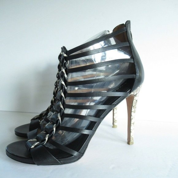 Coach Josey Heels 9.5 Black Snake Python Vegan Leather Cage Gladiator - Picture 4 of 8